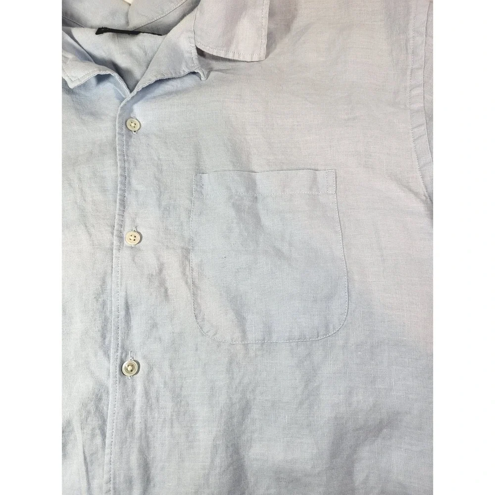 Banana Republic Mens Linen XL Light Blue Short Sleeve‎ Embroidered Hem Shirt